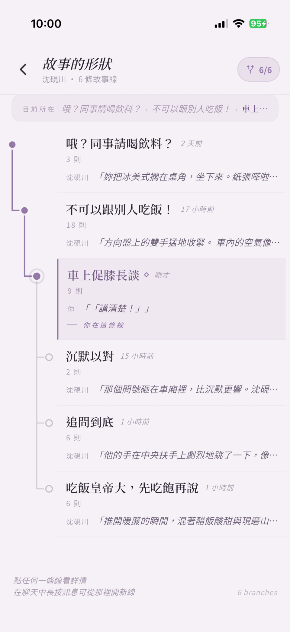 Fuwa App 故事的形狀畫面：沈硯川的六條故事線以樹狀圖呈現